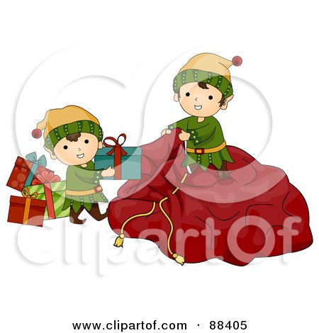 Royalty-Free (RF) Clipart Illustration of Cute Christmas Elves Loading Presents Into Santas Sack by BNP Design Studio