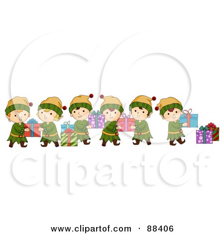 Royalty-Free (RF) Clipart Illustration of a Team Of Christmas Elves Passing Along Gifts In A Line by BNP Design Studio