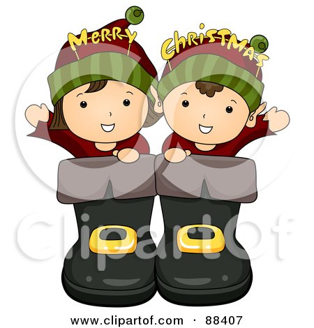 Royalty-Free (RF) Clipart Illustration of Two Christmas Elves In Giant Boots by BNP Design Studio