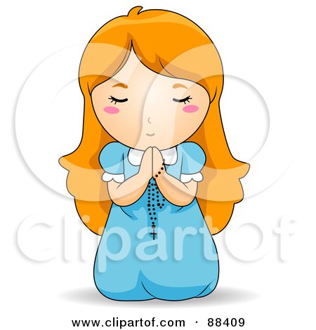 Royalty-Free (RF) Clipart Illustration of a Red Haired Girl On Her Knees, Praying With A Rosary by BNP Design Studio