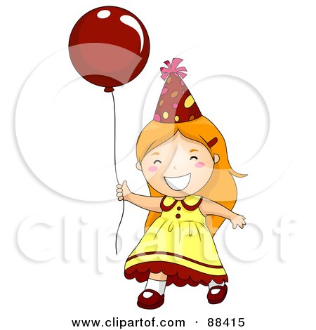 Royalty-Free (RF) Clipart Illustration of a Happy Red Haired Birthday Girl Running With A Red Balloon by BNP Design Studio