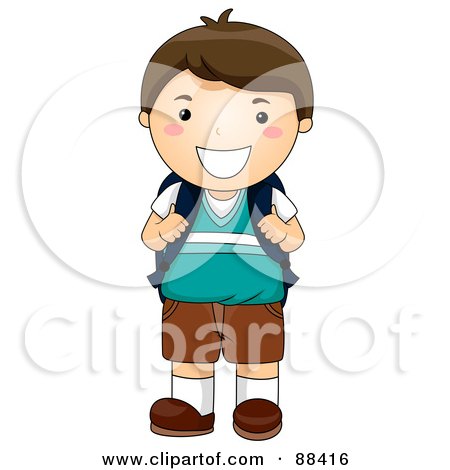 Royalty-Free (RF) Clipart Illustration of a Brunette School Boy Smiling And Holding Onto His Backpack Straps by BNP Design Studio