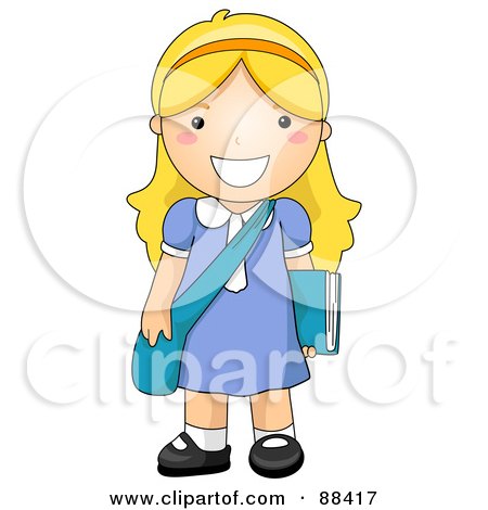 Royalty-Free (RF) Clipart Illustration of a Blond School Girl Standing With Her Shoulder Bag And Book by BNP Design Studio