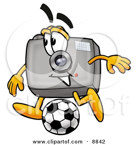 Clipart Picture of a Camera Mascot Cartoon Character Kicking a Soccer Ball by Mascot Junction