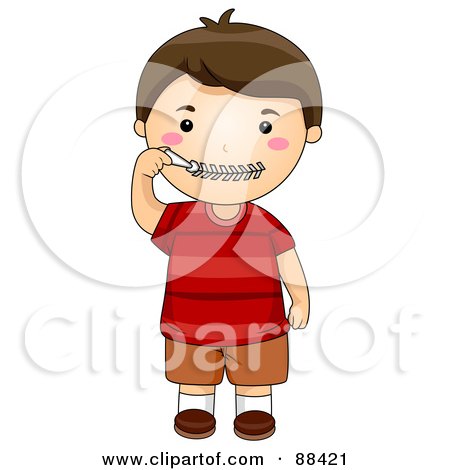 Royalty-Free (RF) Clipart Illustration of a Brunette Boy Zipping His Lips With A Zipper by BNP Design Studio
