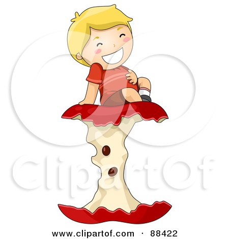 Royalty-Free (RF) Clipart Illustration of a Boy Rubbing His Full Tummy And Sitting On An Apple Core by BNP Design Studio