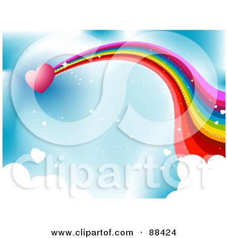 Royalty-Free (RF) Clipart Illustration of a Pink Heart With A Rainbow Trail, Shooting Through A Blue Sky With Puffy Clouds by BNP Design Studio