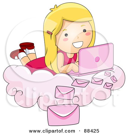 Royalty-Free (RF) Clipart Illustration of a Blond Girl Laying On A Cloud And Sending Email With Her Pink Laptop by BNP Design Studio