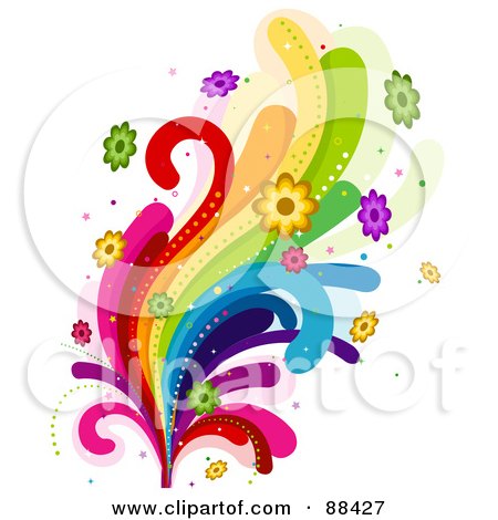 Royalty-Free (RF) Clipart Illustration of Rainbow Swooshes And Colorful Flowers by BNP Design Studio