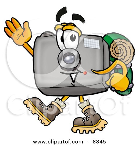 Clipart Picture of a Camera Mascot Cartoon Character Hiking and Carrying a Backpack by Mascot Junction