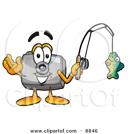 Clipart Picture of a Camera Mascot Cartoon Character Holding a Fish on a Fishing  Pole by Mascot Junction #8846