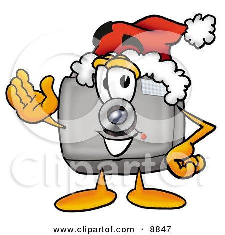 Clipart Picture of a Camera Mascot Cartoon Character Wearing a Santa Hat and Waving by Mascot Junction