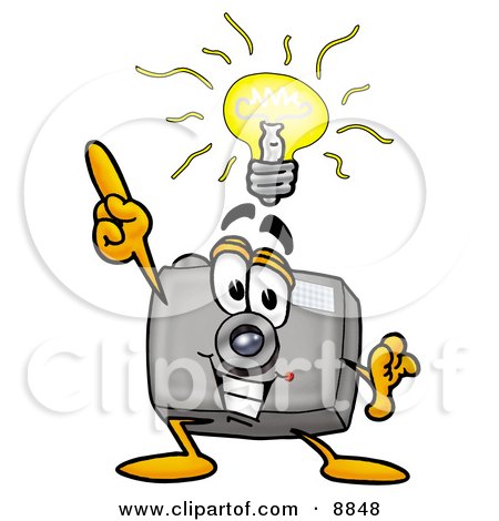 Clipart Picture of a Camera Mascot Cartoon Character With a Bright Idea by Mascot Junction