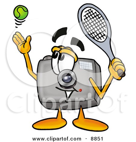 Clipart Picture of a Camera Mascot Cartoon Character Preparing to Hit a Tennis Ball by Mascot Junction