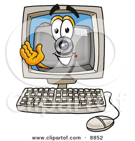 Clipart Picture of a Camera Mascot Cartoon Character Waving From Inside a Computer Screen by Mascot Junction
