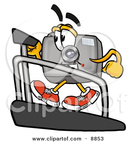 Clipart Picture of a Camera Mascot Cartoon Character Walking on a Treadmill in a Fitness Gym by Mascot Junction
