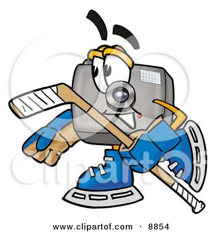 Clipart Picture of a Camera Mascot Cartoon Character Playing Ice Hockey by Mascot Junction