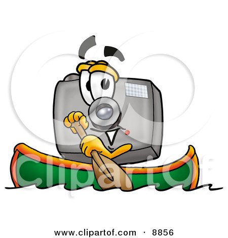 Clipart Picture of a Camera Mascot Cartoon Character Rowing a Boat by Mascot Junction