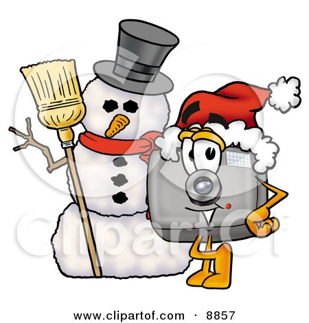 Clipart Picture of a Camera Mascot Cartoon Character With a Snowman on Christmas by Mascot Junction