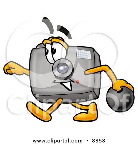 Clipart Picture of a Camera Mascot Cartoon Character Holding a Bowling Ball by Mascot Junction