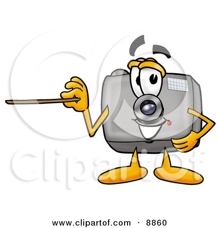 Clipart Picture of a Camera Mascot Cartoon Character Holding a Pointer Stick by Mascot Junction