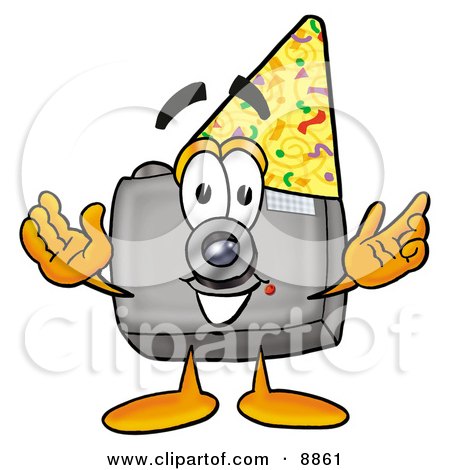 Clipart Picture of a Camera Mascot Cartoon Character Wearing a Birthday Party Hat by Mascot Junction