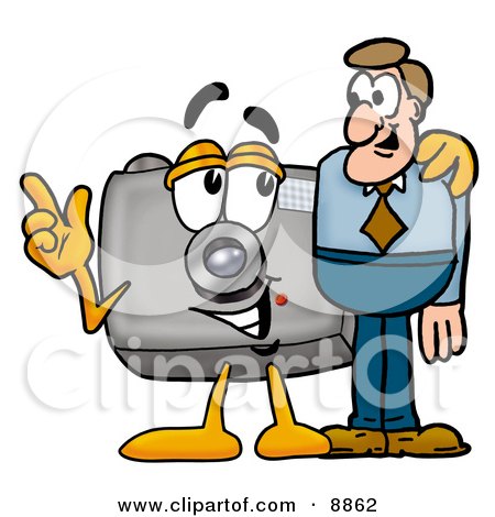 Clipart Picture of a Camera Mascot Cartoon Character Talking to a Business Man by Mascot Junction