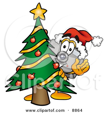 Clipart Picture of a Camera Mascot Cartoon Character Waving and Standing by a Decorated Christmas Tree by Mascot Junction