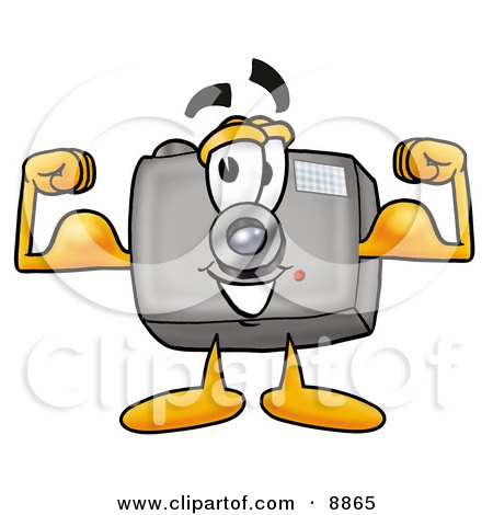 Clipart Picture of a Camera Mascot Cartoon Character Flexing His Arm Muscles by Mascot Junction