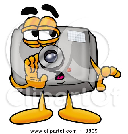 Clipart Picture of a Camera Mascot Cartoon Character Whispering and Gossiping by Mascot Junction