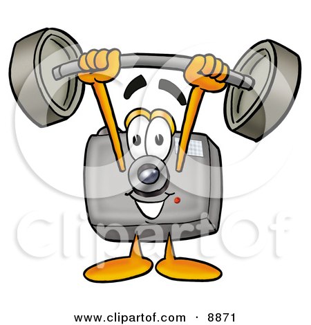 Clipart Picture of a Camera Mascot Cartoon Character Holding a Heavy Barbell Above His Head by Mascot Junction