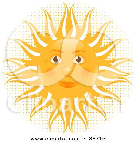 Royalty-Free (RF) Clipart Illustration of a Friendly Sun Face Over Halftone And White by elaineitalia