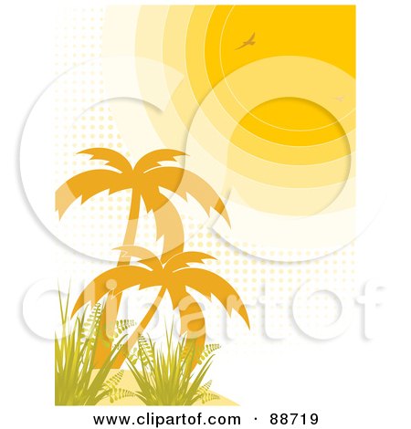 Royalty-Free (RF) Clipart Illustration of a Sun With Halftone Dots, Shining On Palm Trees And Grass by elaineitalia