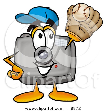 Clipart Picture of a Camera Mascot Cartoon Character Catching a Baseball With a Glove by Mascot Junction