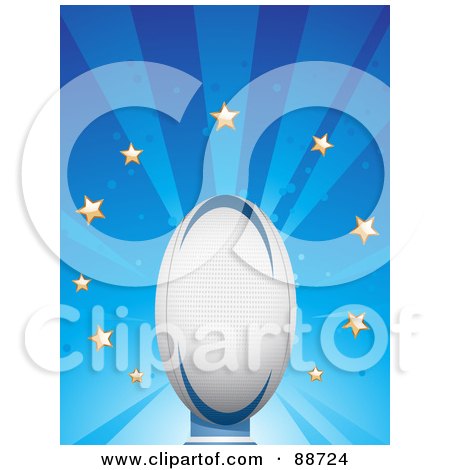 Royalty-Free (RF) Clipart Illustration of a Starry Blue Burst Behind A Rugby Ball by elaineitalia