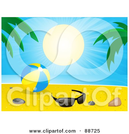 Royalty-Free (RF) Clipart Illustration of a Tropical Sun Shining Down On A Beach Ball, Shells, Stones And Glasses Near Palm Trees On A Beach by elaineitalia