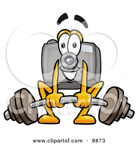Clipart Picture of a Camera Mascot Cartoon Character Lifting a Heavy Barbell by Mascot Junction