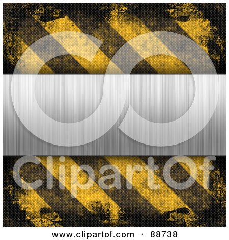 Royalty-Free (RF) Clipart Illustration of a Blank Brushed Metal Plaque Bordered With Grungy Black And Yellow Hazard Stripes by Arena Creative