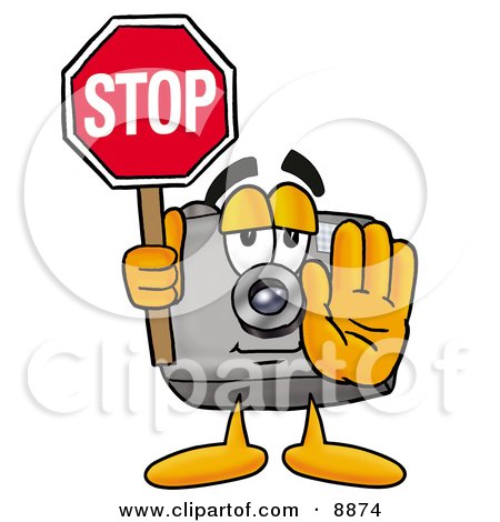 Clipart Picture of a Camera Mascot Cartoon Character Holding a Stop Sign by Mascot Junction