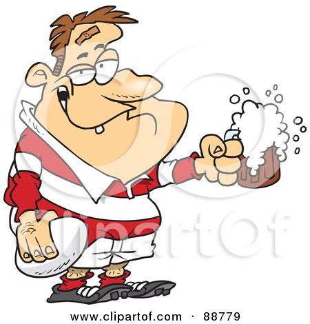 Royalty-Free (RF) Clipart Illustration of a Drunk Rugby Player Holding A Ball And Frothy Beer by toonaday