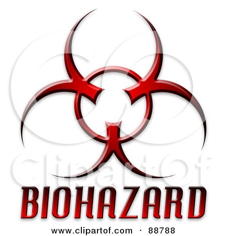 Royalty-Free (RF) Clipart Illustration of a Red Bio Hazard Symbol With Text Over White by Arena Creative