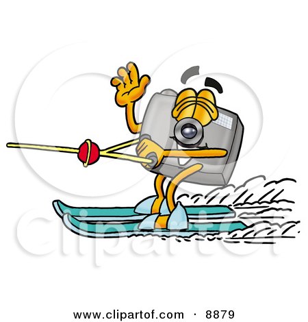Clipart Picture of a Camera Mascot Cartoon Character Waving While Water Skiing by Mascot Junction