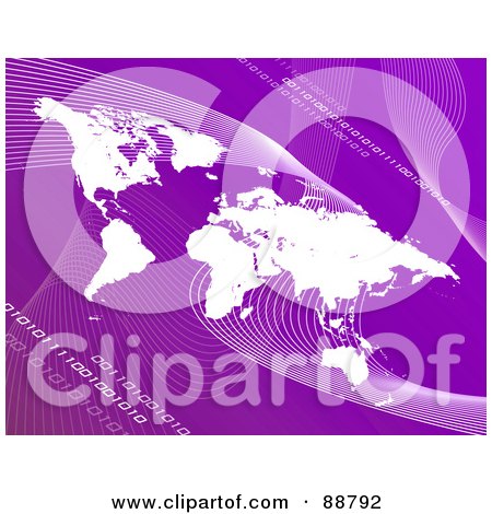 Royalty-Free (RF) Clipart Illustration of a White Atlas Over Purple With Mesh Waves And Binary Code by Arena Creative