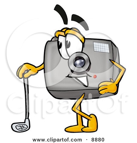 Clipart Picture of a Camera Mascot Cartoon Character Leaning on a Golf Club While Golfing by Mascot Junction