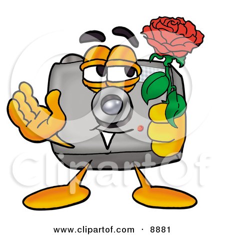 Clipart Picture of a Camera Mascot Cartoon Character Holding a Red Rose on Valentines Day by Mascot Junction
