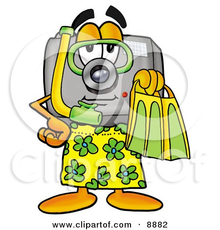 Clipart Picture of a Camera Mascot Cartoon Character in Green and Yellow Snorkel Gear by Mascot Junction