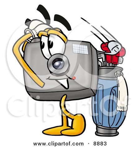 Clipart Picture of a Camera Mascot Cartoon Character Swinging His Golf Club While Golfing by Mascot Junction