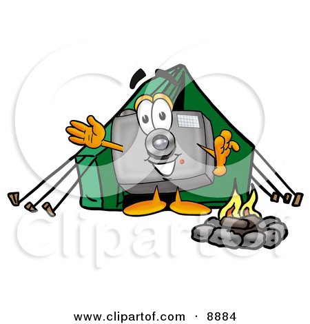 Clipart Picture of a Camera Mascot Cartoon Character Camping With a Tent and Fire by Mascot Junction