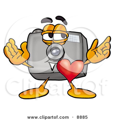 Clipart Picture of a Camera Mascot Cartoon Character With His Heart Beating Out of His Chest by Mascot Junction