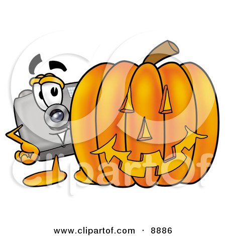Clipart Picture of a Camera Mascot Cartoon Character With a Carved Halloween Pumpkin by Mascot Junction